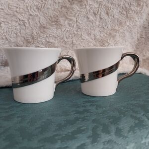 Coffee Me Elegant White and Silver Demitasse Espresso Cups (2) Java